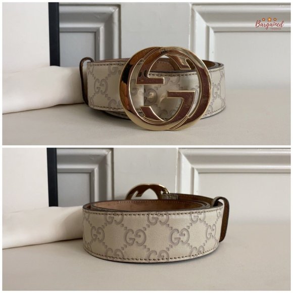 Authentic Gucci Cream Guccissima Leather Gold Interlocking G Buckle Belt 85/34 - Picture 3 of 12